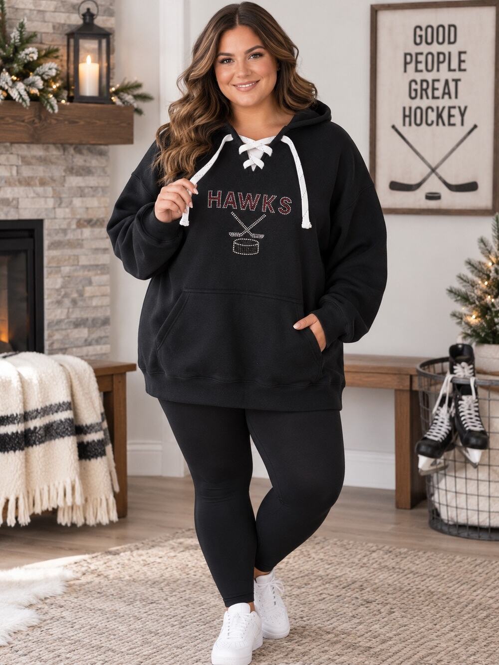 J. America XL Black Hawks Hockey Rhinestone Heavyweight Lace-Up Hoodie